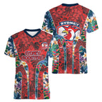 Sydney Roosters Women V-Neck T-Shirt Tropical Hibiscus Floral Pattern With Red And Blue Accents