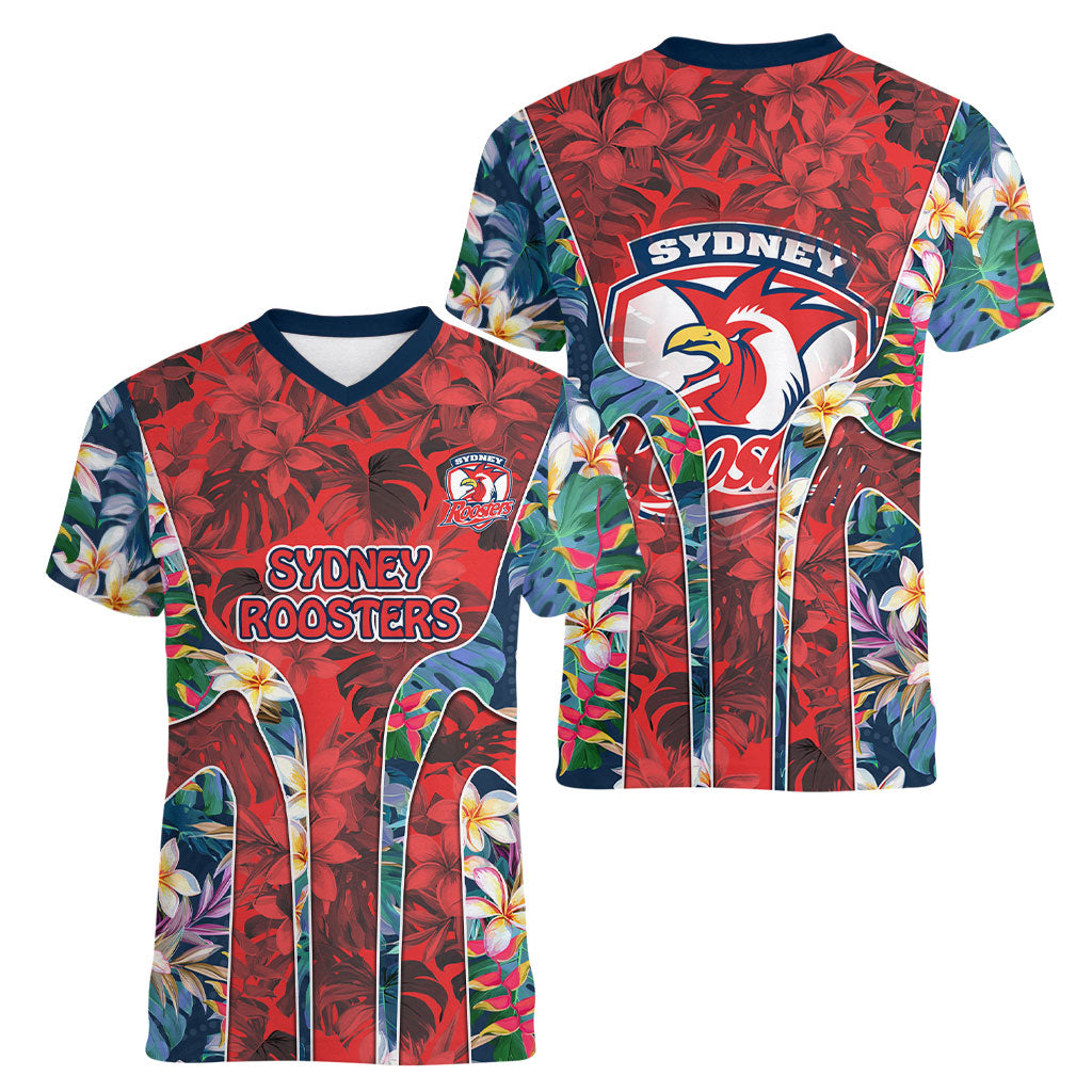 Sydney Roosters Women V-Neck T-Shirt Tropical Hibiscus Floral Pattern With Red And Blue Accents