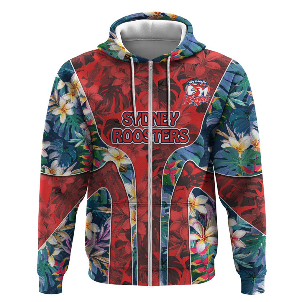 Sydney Roosters Zip Hoodie Tropical Hibiscus Floral Pattern With Red And Blue Accents