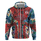 Sydney Roosters Zip Hoodie Tropical Hibiscus Floral Pattern With Red And Blue Accents