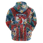 Sydney Roosters Zip Hoodie Tropical Hibiscus Floral Pattern With Red And Blue Accents