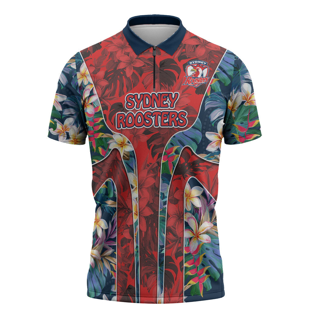 Sydney Roosters Zipper Polo Shirt Tropical Hibiscus Floral Pattern With Red And Blue Accents