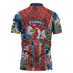 Sydney Roosters Zipper Polo Shirt Tropical Hibiscus Floral Pattern With Red And Blue Accents
