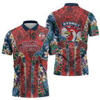 Sydney Roosters Zipper Polo Shirt Tropical Hibiscus Floral Pattern With Red And Blue Accents