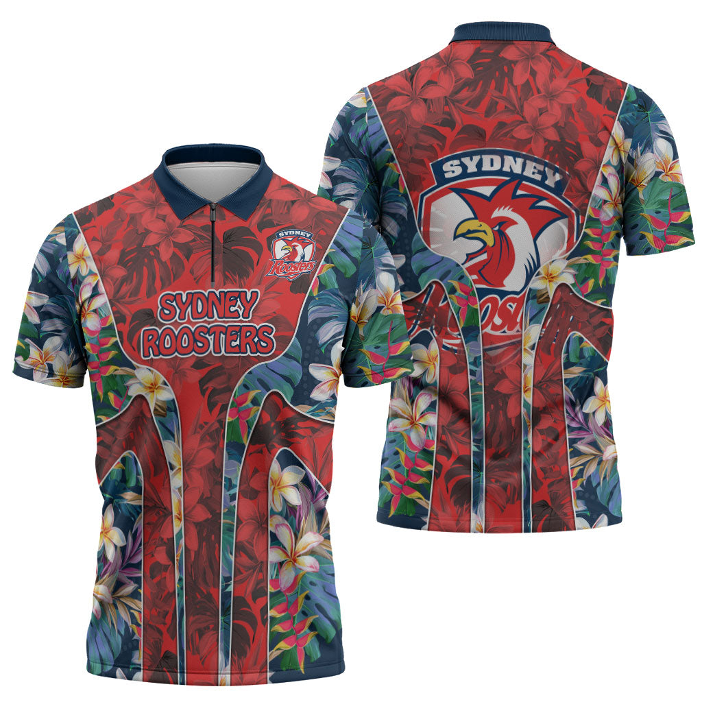 Sydney Roosters Zipper Polo Shirt Tropical Hibiscus Floral Pattern With Red And Blue Accents