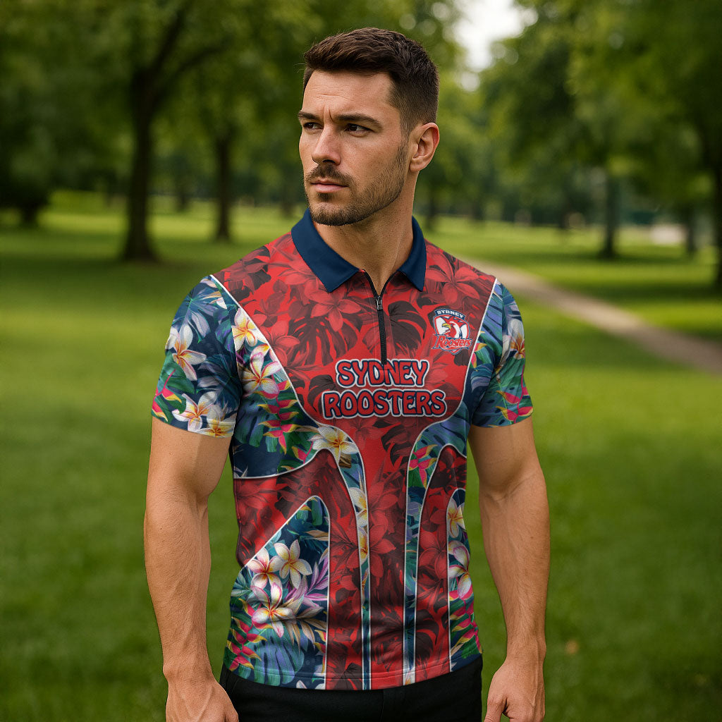Sydney Roosters Zipper Polo Shirt Tropical Hibiscus Floral Pattern With Red And Blue Accents
