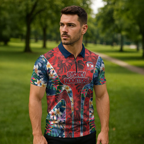Sydney Roosters Zipper Polo Shirt Tropical Hibiscus Floral Pattern With Red And Blue Accents