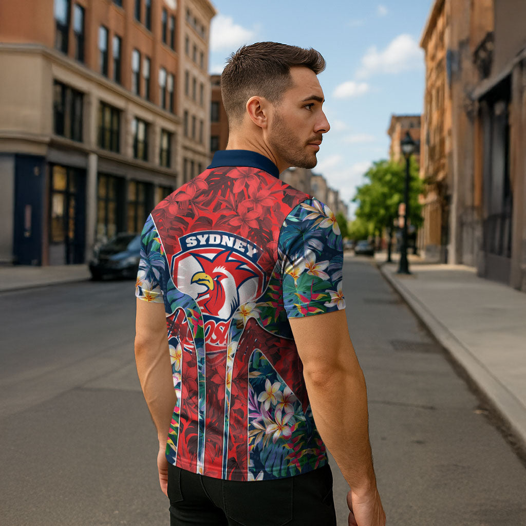 Sydney Roosters Zipper Polo Shirt Tropical Hibiscus Floral Pattern With Red And Blue Accents