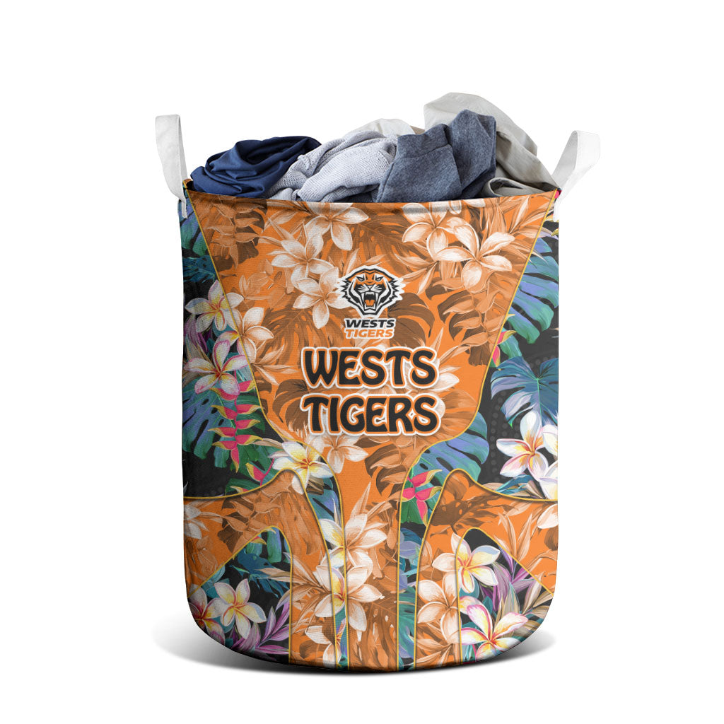 Wests Tigers Laundry Basket Tropical Hibiscus Floral Pattern With Orange And Black Accents