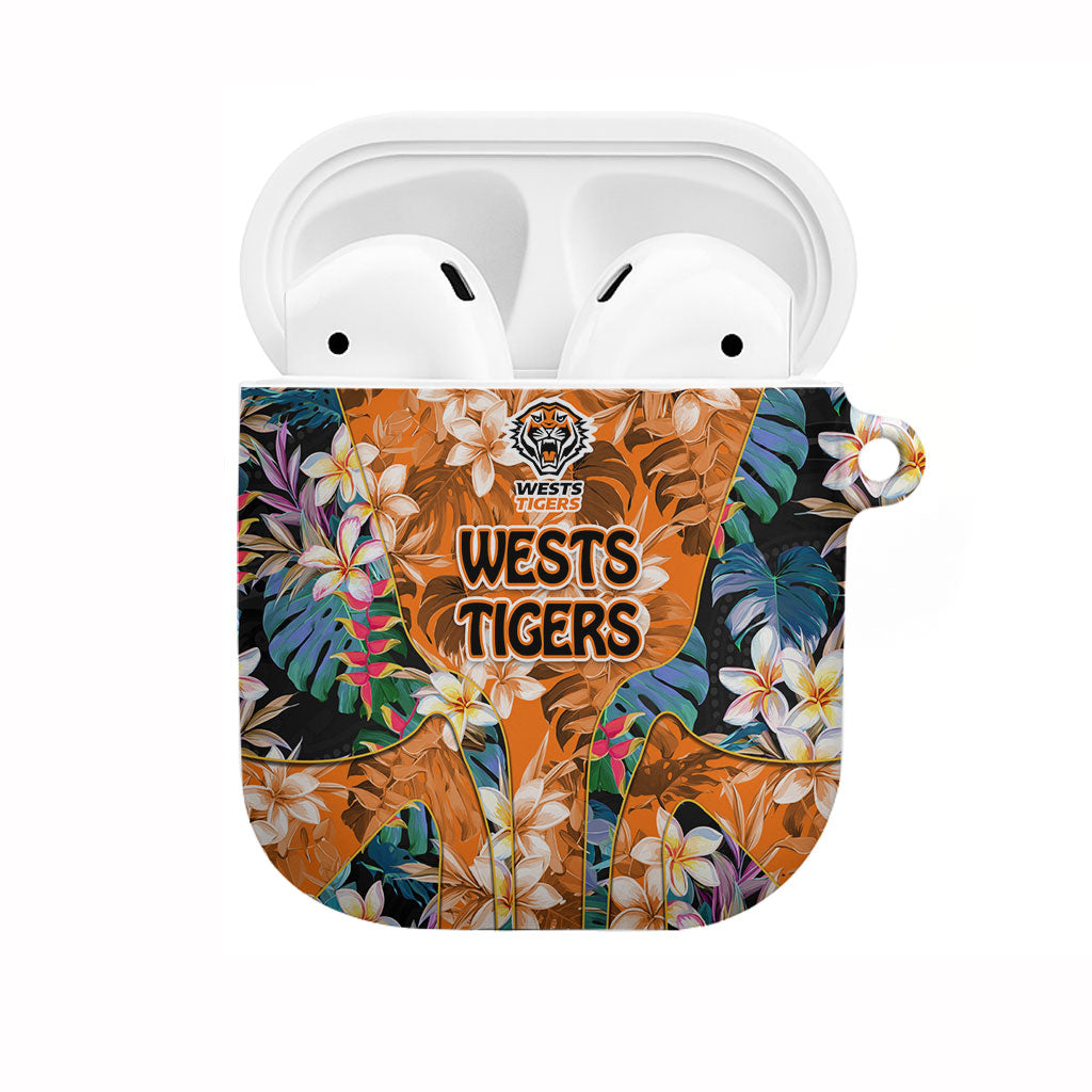 Wests Tigers AirPods Case Tropical Hibiscus Floral Pattern With Orange And Black Accents