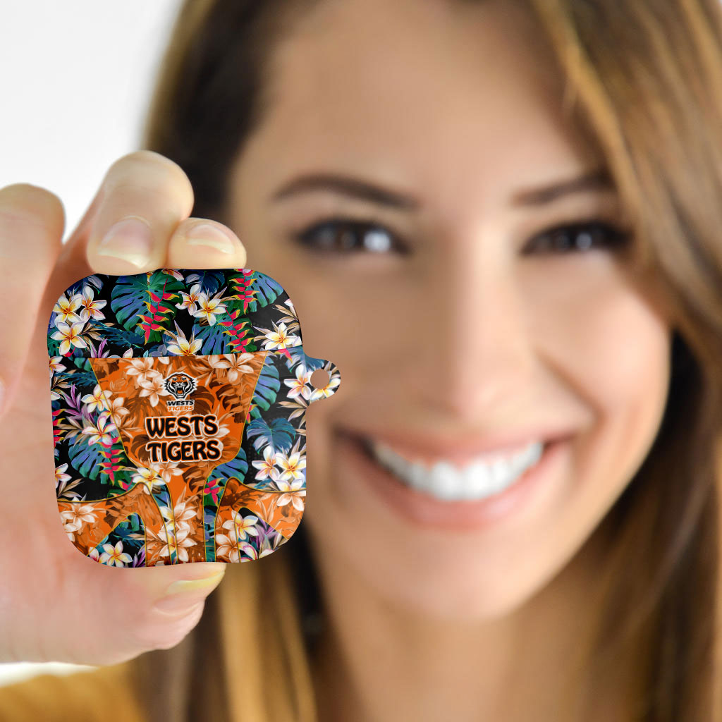 Wests Tigers AirPods Case Tropical Hibiscus Floral Pattern With Orange And Black Accents