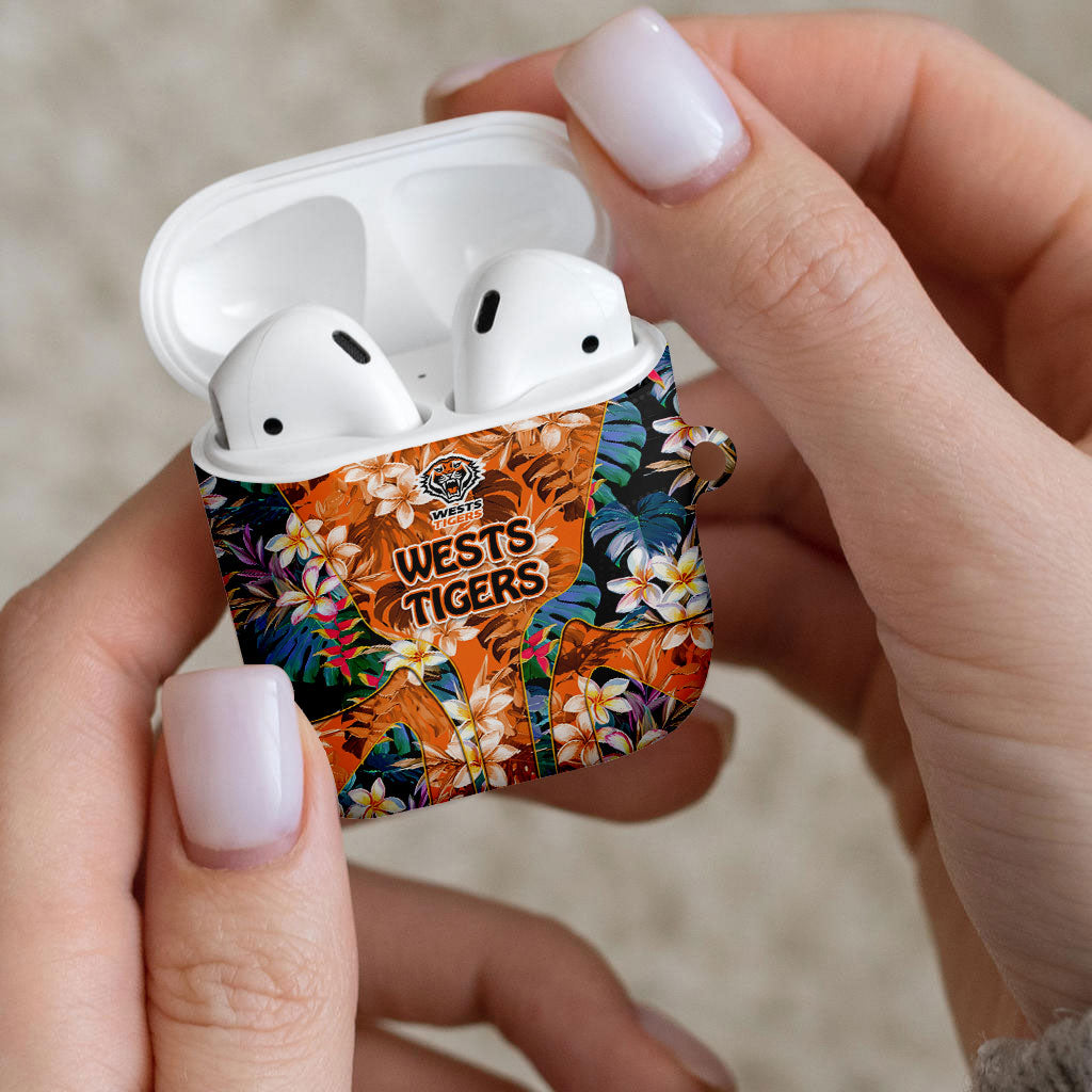 Wests Tigers AirPods Case Tropical Hibiscus Floral Pattern With Orange And Black Accents