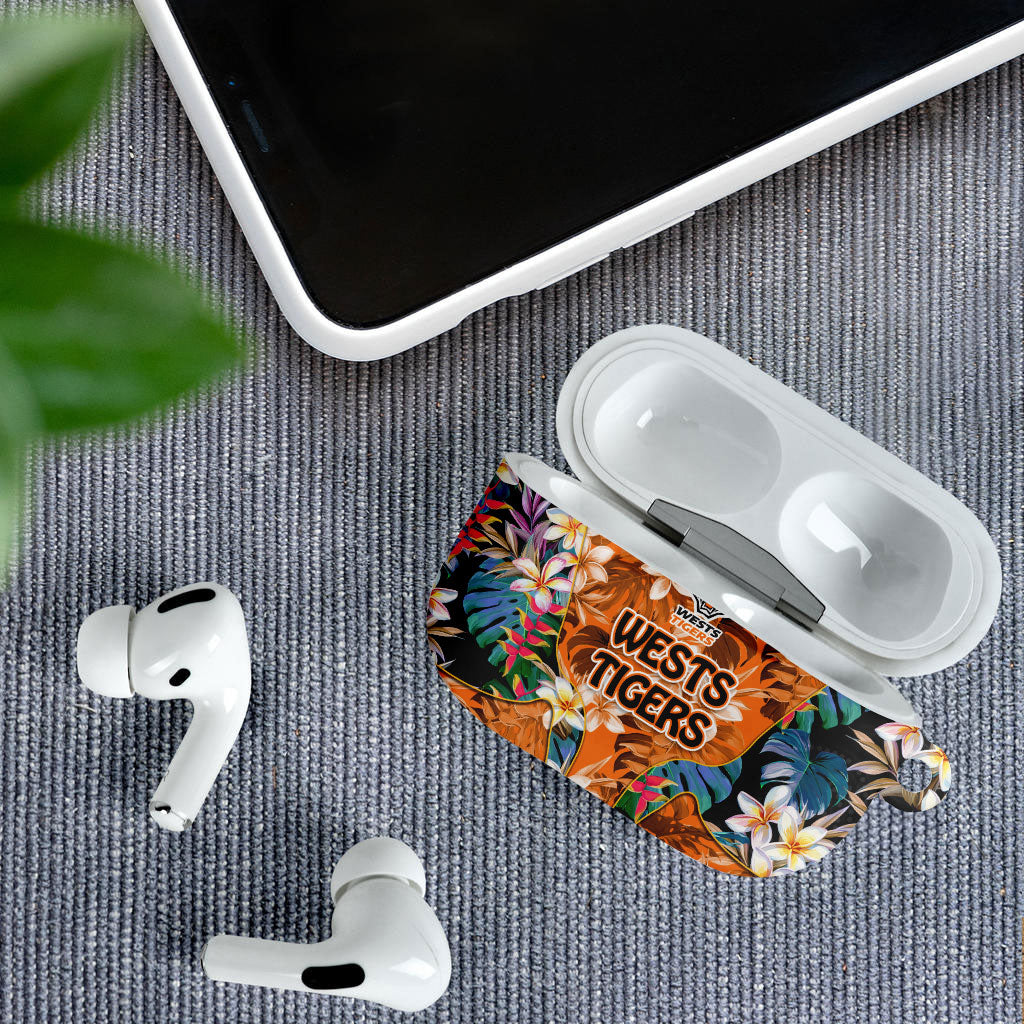 Wests Tigers AirPods Case Tropical Hibiscus Floral Pattern With Orange And Black Accents