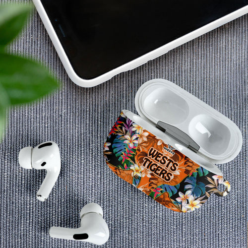 Wests Tigers AirPods Case Tropical Hibiscus Floral Pattern With Orange And Black Accents