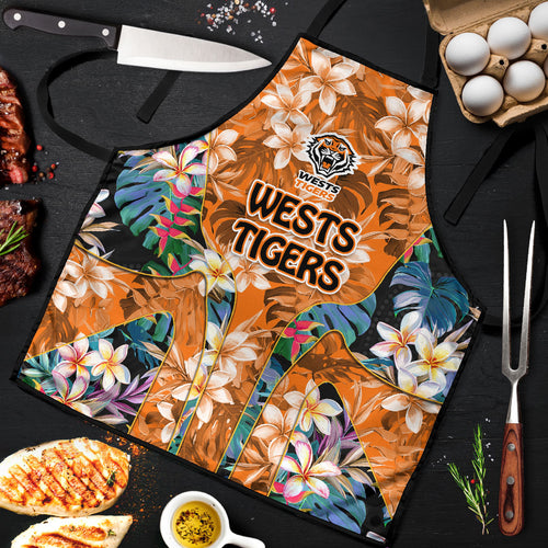 Wests Tigers Apron Tropical Hibiscus Floral Pattern With Orange And Black Accents