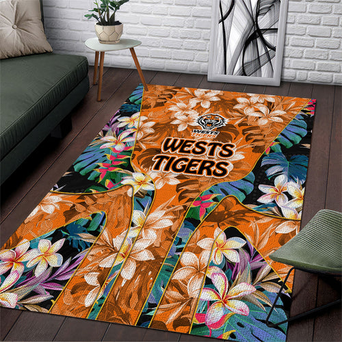 Wests Tigers Area Rug Tropical Hibiscus Floral Pattern With Orange And Black Accents