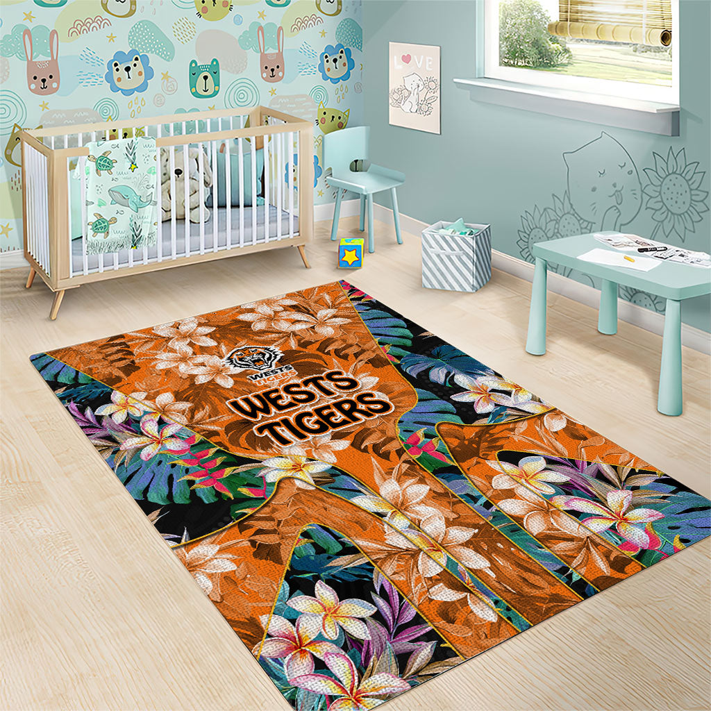 Wests Tigers Area Rug Tropical Hibiscus Floral Pattern With Orange And Black Accents