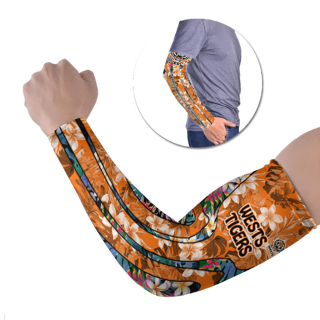 Wests Tigers Arm Sleeves Tropical Hibiscus Floral Pattern With Orange And Black Accents