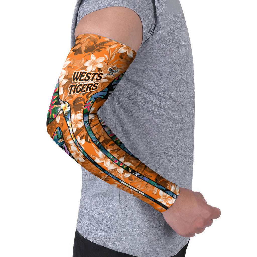 Wests Tigers Arm Sleeves Tropical Hibiscus Floral Pattern With Orange And Black Accents