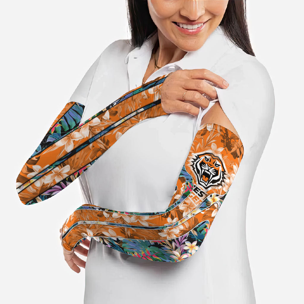 Wests Tigers Arm Sleeves Tropical Hibiscus Floral Pattern With Orange And Black Accents