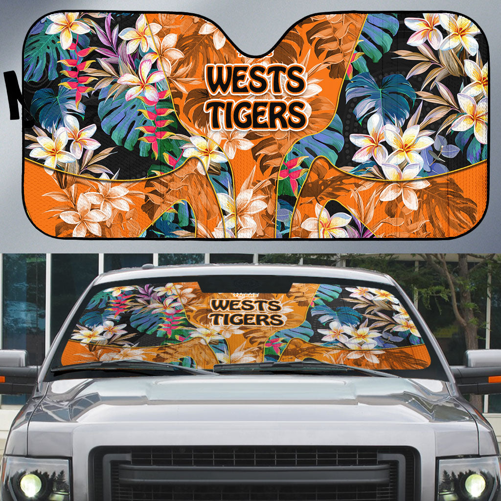 Wests Tigers Auto Sun Shade Tropical Hibiscus Floral Pattern With Orange And Black Accents