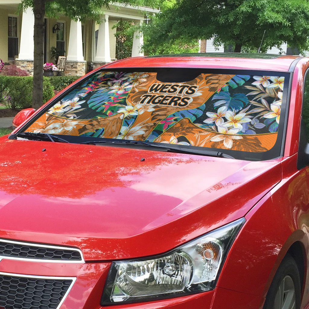 Wests Tigers Auto Sun Shade Tropical Hibiscus Floral Pattern With Orange And Black Accents