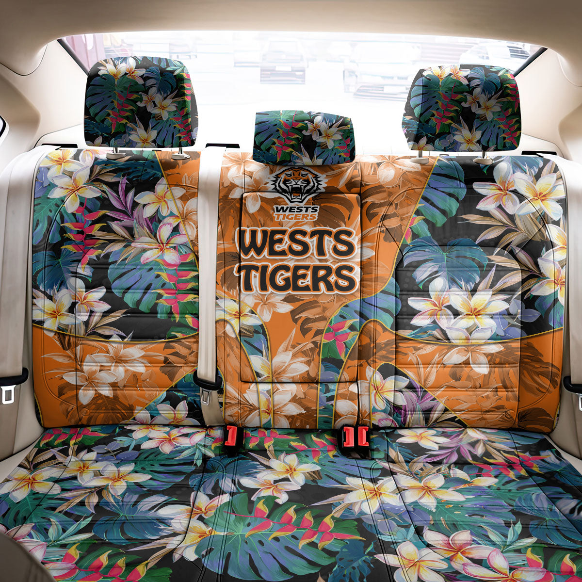 Wests Tigers Back Car Seat Cover Tropical Hibiscus Floral Pattern With Orange And Black Accents