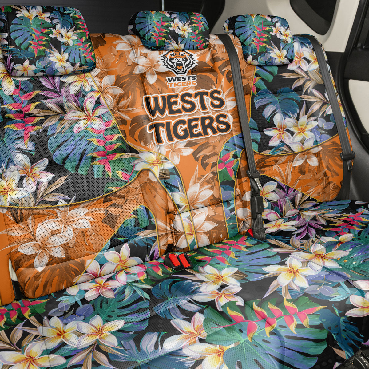 Wests Tigers Back Car Seat Cover Tropical Hibiscus Floral Pattern With Orange And Black Accents