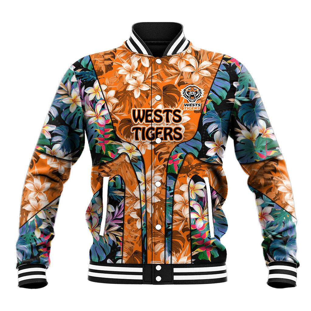 Wests Tigers Baseball Jacket Tropical Hibiscus Floral Pattern With Orange And Black Accents