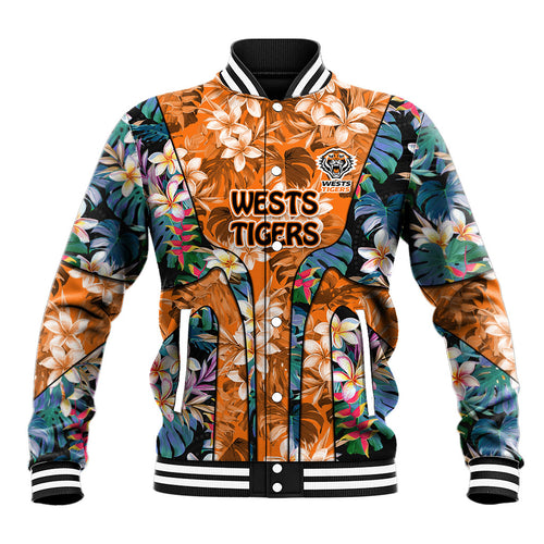 Wests Tigers Baseball Jacket Tropical Hibiscus Floral Pattern With Orange And Black Accents
