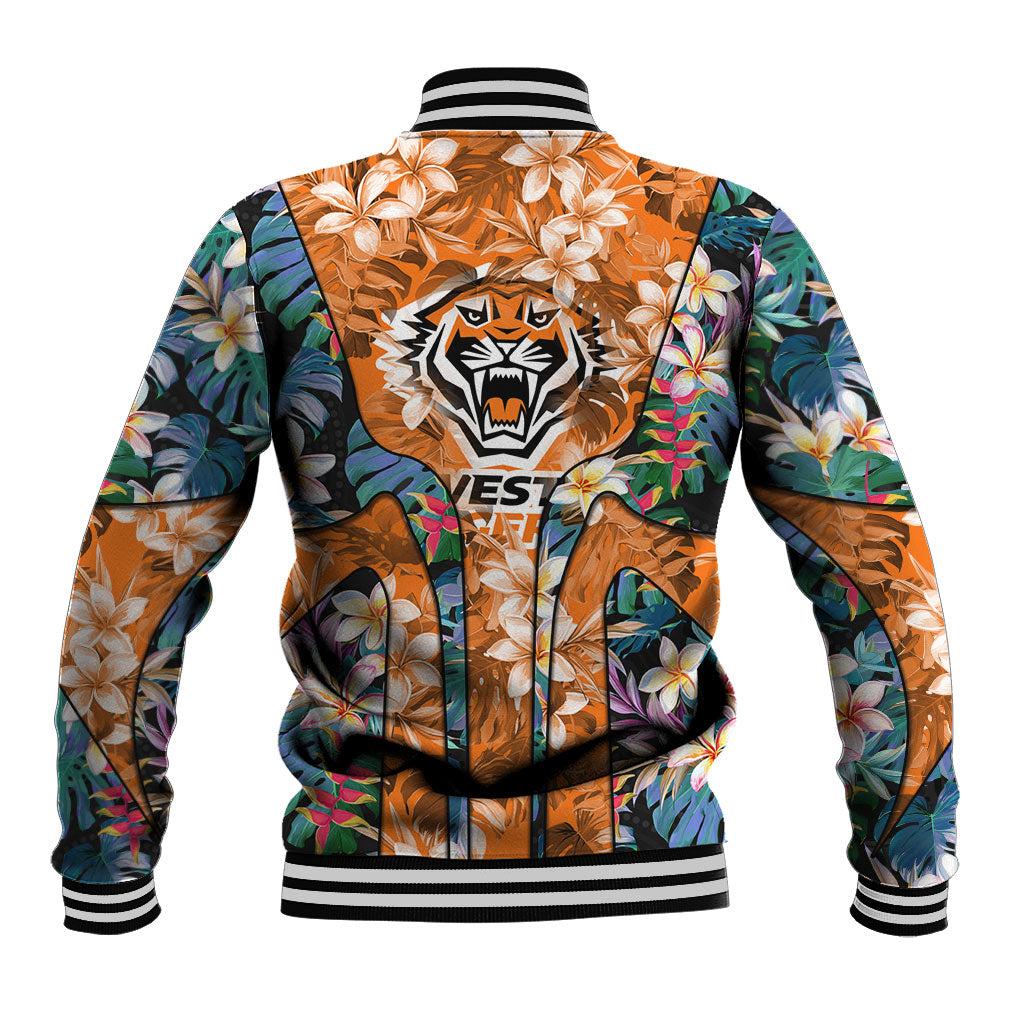 Wests Tigers Baseball Jacket Tropical Hibiscus Floral Pattern With Orange And Black Accents