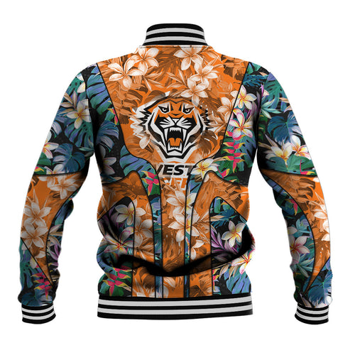 Wests Tigers Baseball Jacket Tropical Hibiscus Floral Pattern With Orange And Black Accents