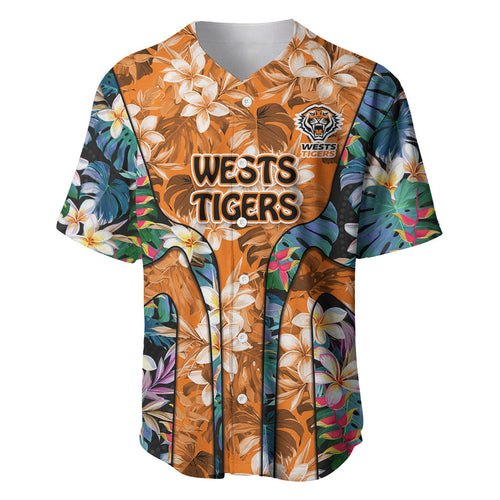 Wests Tigers Baseball Jersey Tropical Hibiscus Floral Pattern With Orange And Black Accents