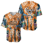 Wests Tigers Baseball Jersey Tropical Hibiscus Floral Pattern With Orange And Black Accents