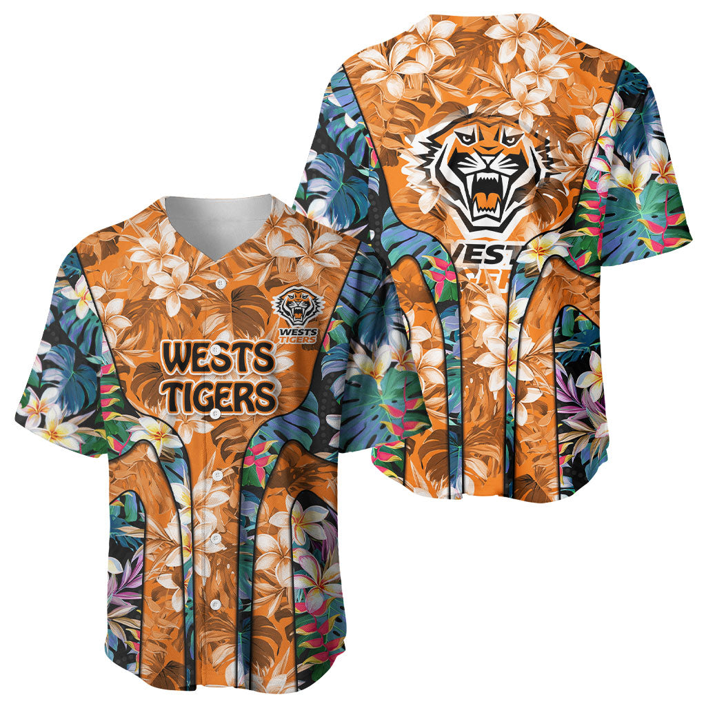 Wests Tigers Baseball Jersey Tropical Hibiscus Floral Pattern With Orange And Black Accents