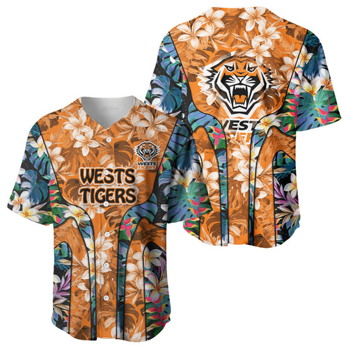 Wests Tigers Baseball Jersey Tropical Hibiscus Floral Pattern With Orange And Black Accents