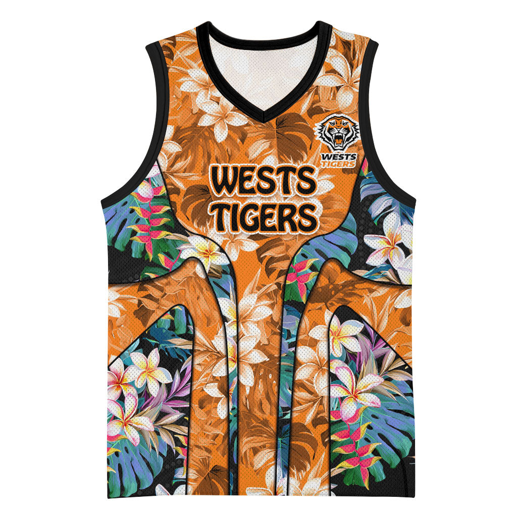 Wests Tigers Basketball Jersey Tropical Hibiscus Floral Pattern With Orange And Black Accents