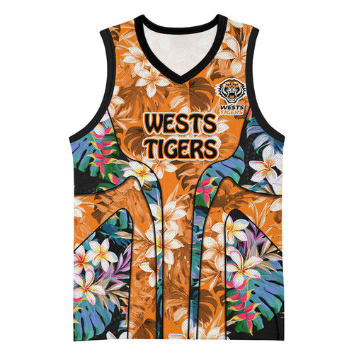 Wests Tigers Basketball Jersey Tropical Hibiscus Floral Pattern With Orange And Black Accents
