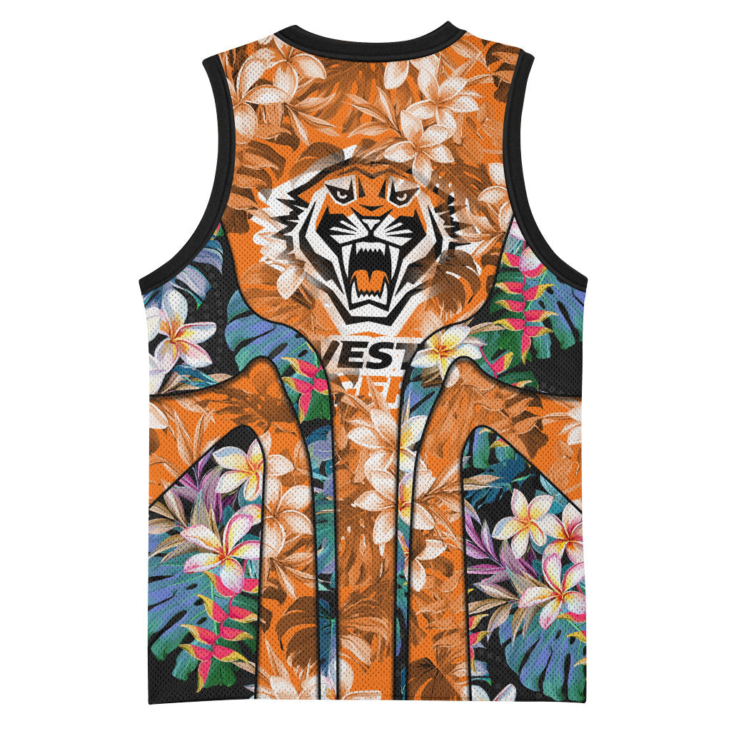 Wests Tigers Basketball Jersey Tropical Hibiscus Floral Pattern With Orange And Black Accents