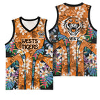 Wests Tigers Basketball Jersey Tropical Hibiscus Floral Pattern With Orange And Black Accents