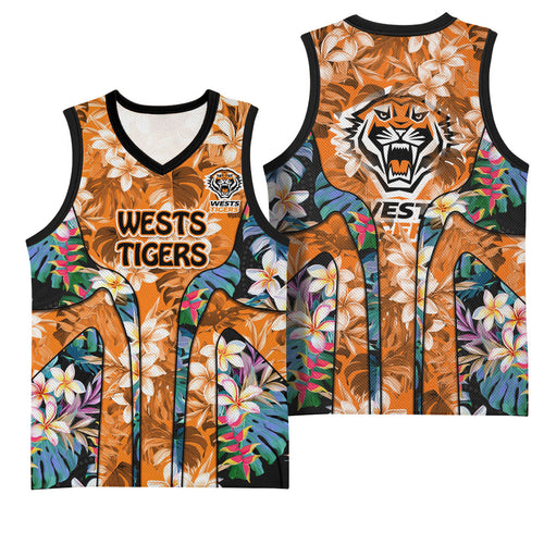 Wests Tigers Basketball Jersey Tropical Hibiscus Floral Pattern With Orange And Black Accents