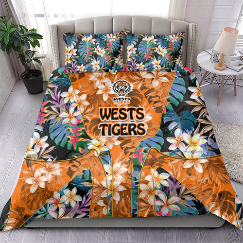 Wests Tigers Bedding Set Tropical Hibiscus Floral Pattern With Orange And Black Accents