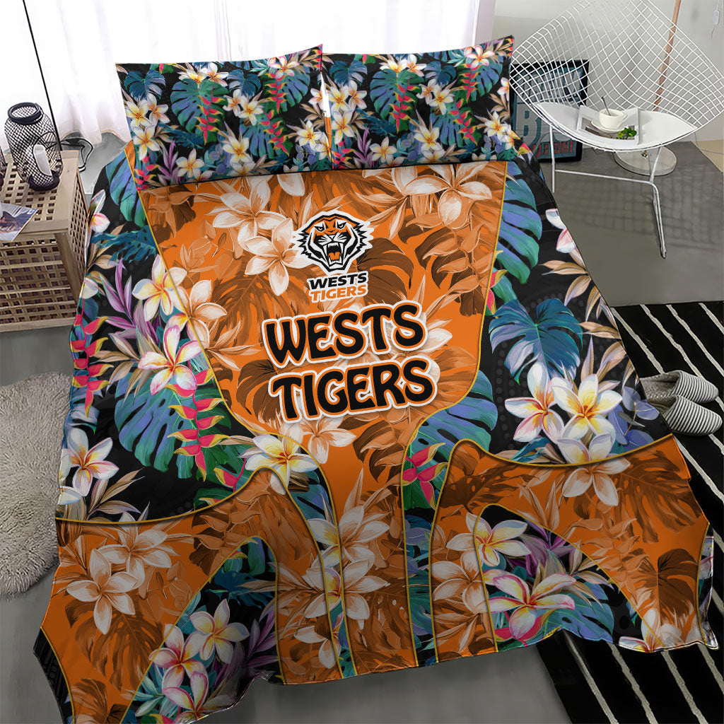 Wests Tigers Bedding Set Tropical Hibiscus Floral Pattern With Orange And Black Accents