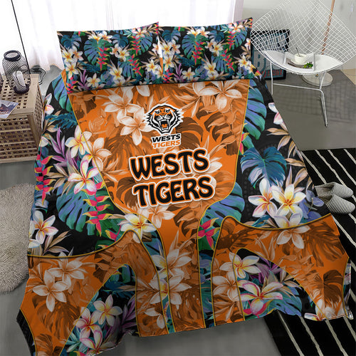 Wests Tigers Bedding Set Tropical Hibiscus Floral Pattern With Orange And Black Accents