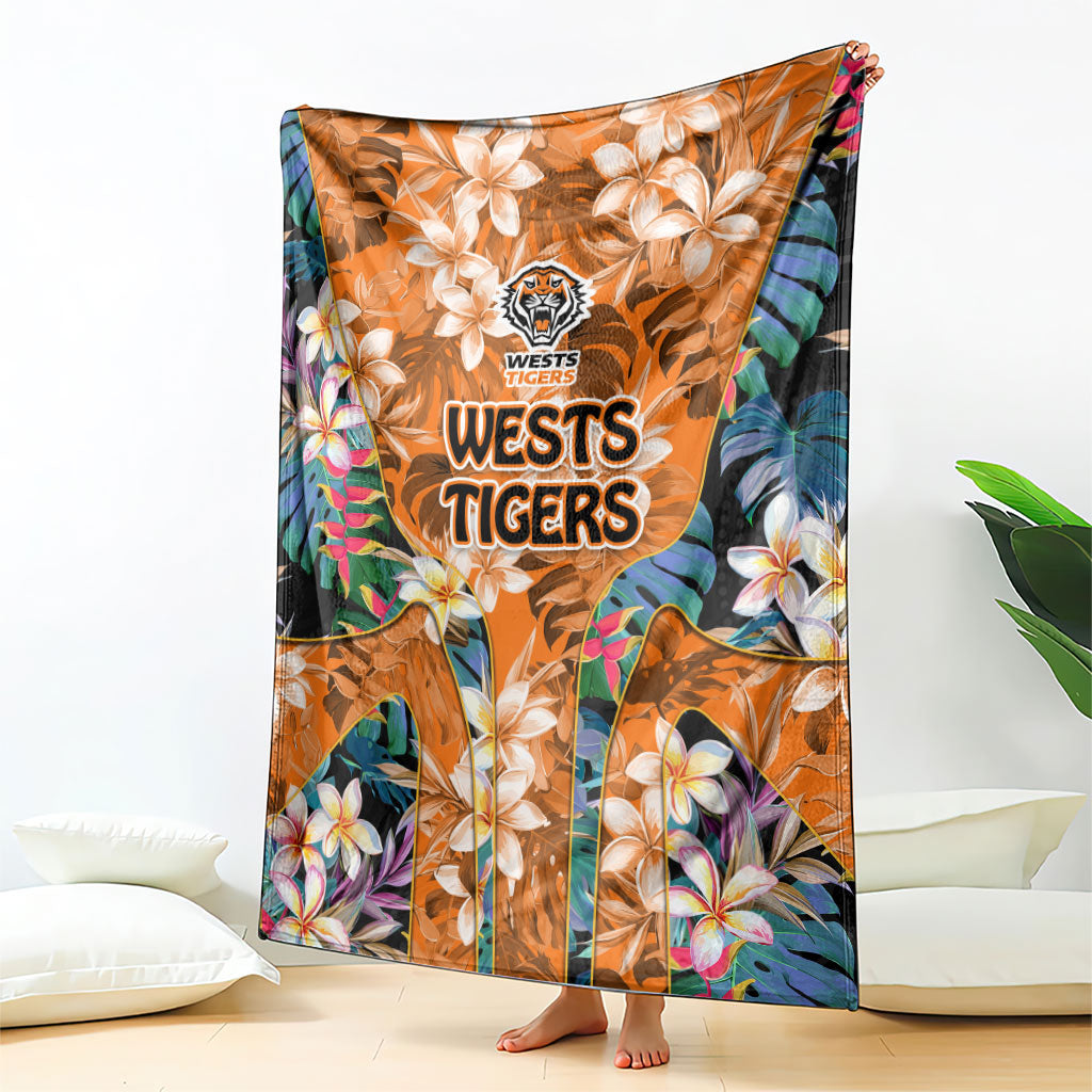 Wests Tigers Blanket Tropical Hibiscus Floral Pattern With Orange And Black Accents