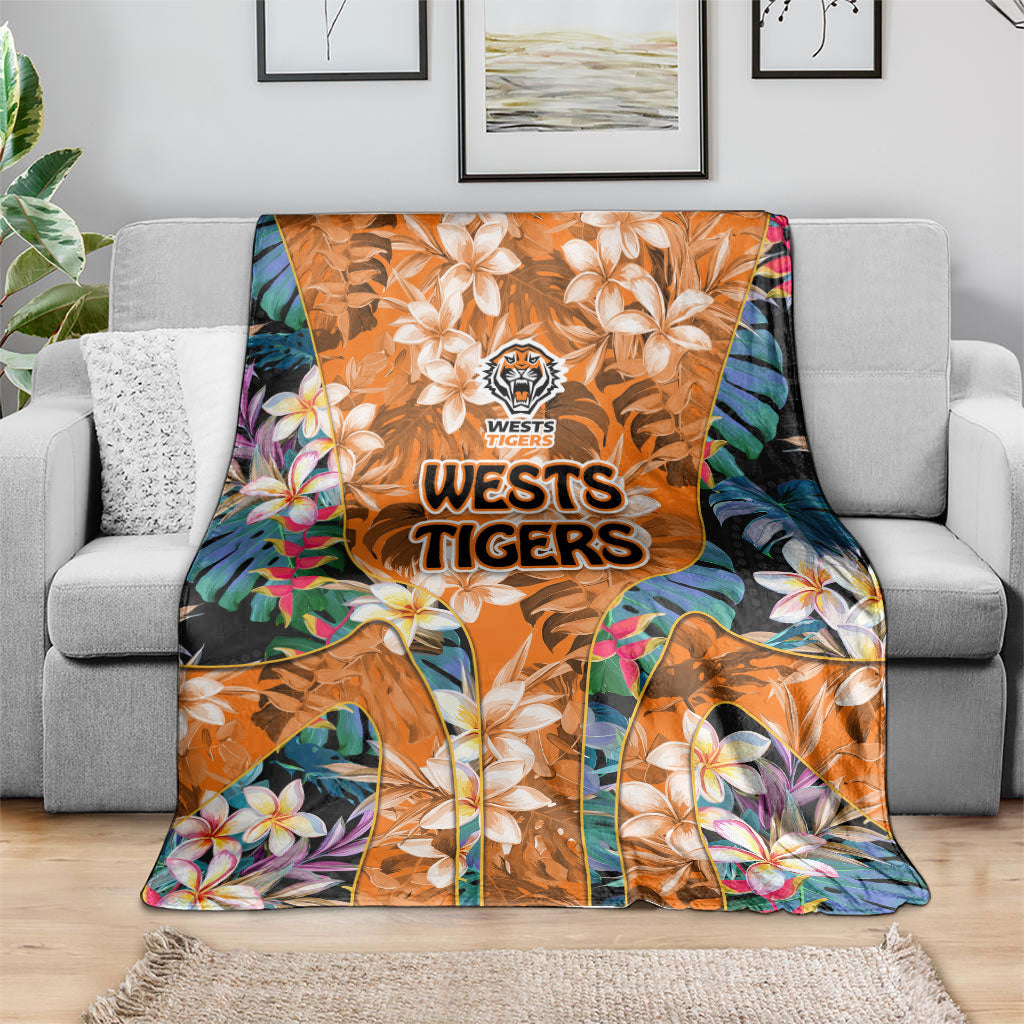 Wests Tigers Blanket Tropical Hibiscus Floral Pattern With Orange And Black Accents