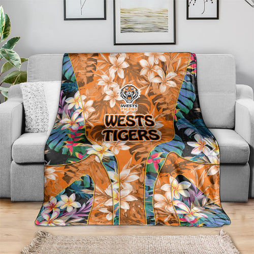 Wests Tigers Blanket Tropical Hibiscus Floral Pattern With Orange And Black Accents