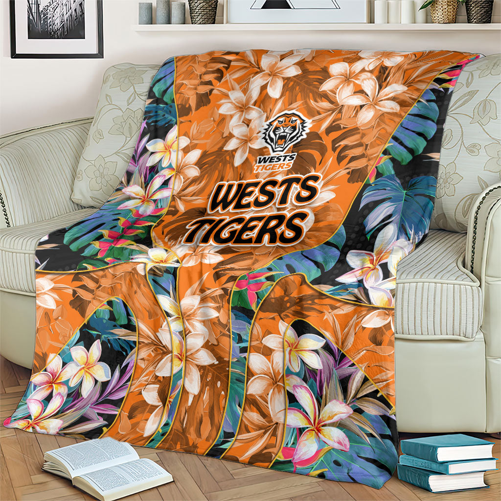 Wests Tigers Blanket Tropical Hibiscus Floral Pattern With Orange And Black Accents