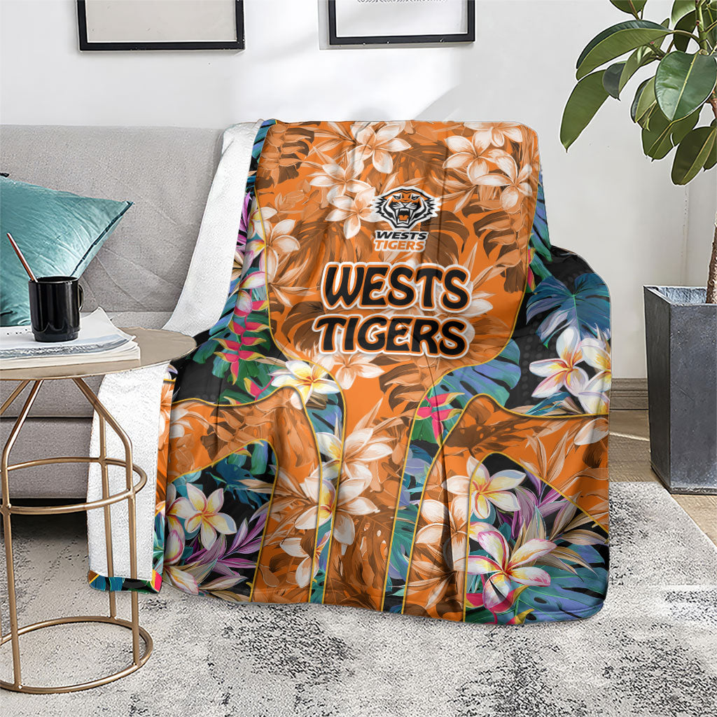 Wests Tigers Blanket Tropical Hibiscus Floral Pattern With Orange And Black Accents