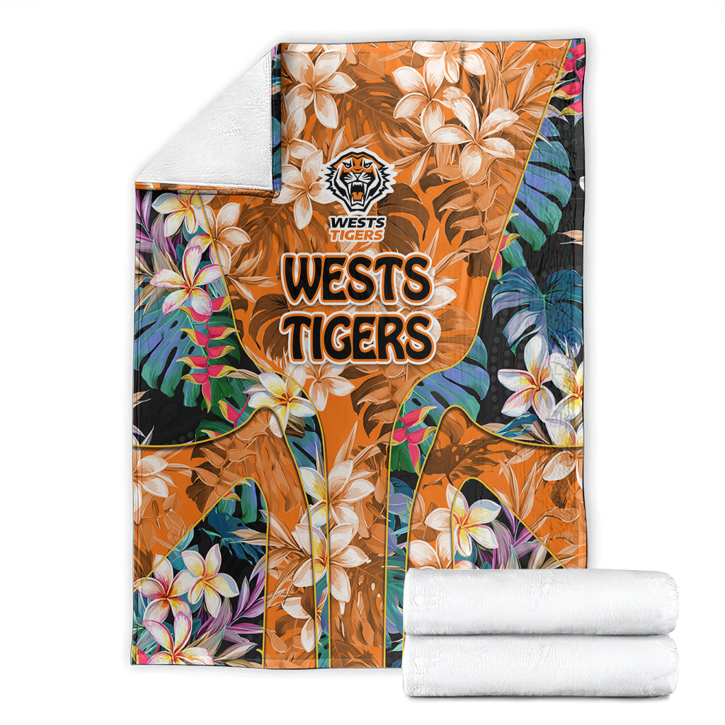 Wests Tigers Blanket Tropical Hibiscus Floral Pattern With Orange And Black Accents
